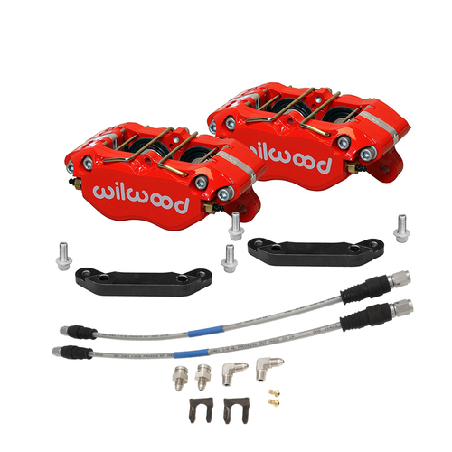 Wilwood Calliper kit, Holden HQ -WB, Red Calliper, Dust Boot, Standard Dia Rotor, Black Mounting, With Stainless Braided Hoses, Kit