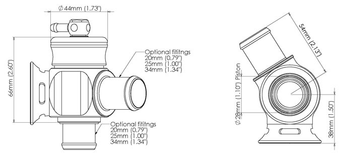 TURBOSMART Kompact Dual Port Blow Off Valve, For 25mm Inlet Fitting, Each Diagram Image