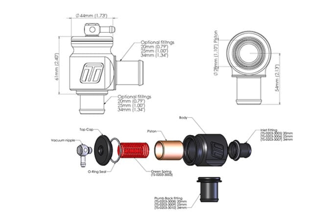 TURBOSMART Kompact Plumb Back Valve, Diverter Valve, For 20mm Fittings, Each Diagram Image