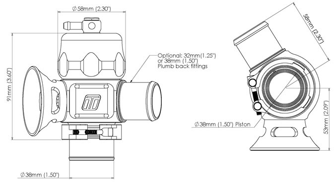 TURBOSMART Dual Port Universal Fit Blow Off Valve, 32mm, Black, Each Diagram Image