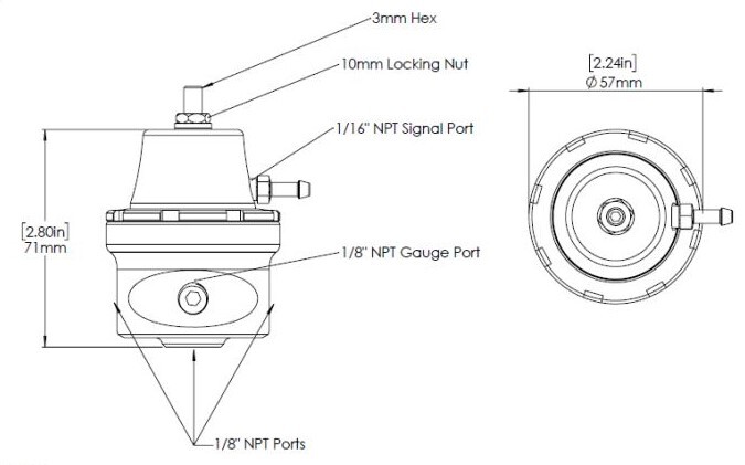 TURBOSMART Kompact Universal Fit Fuel Pressure Regulator, 1/8″ NPT, Sleeper, Each Diagram Image