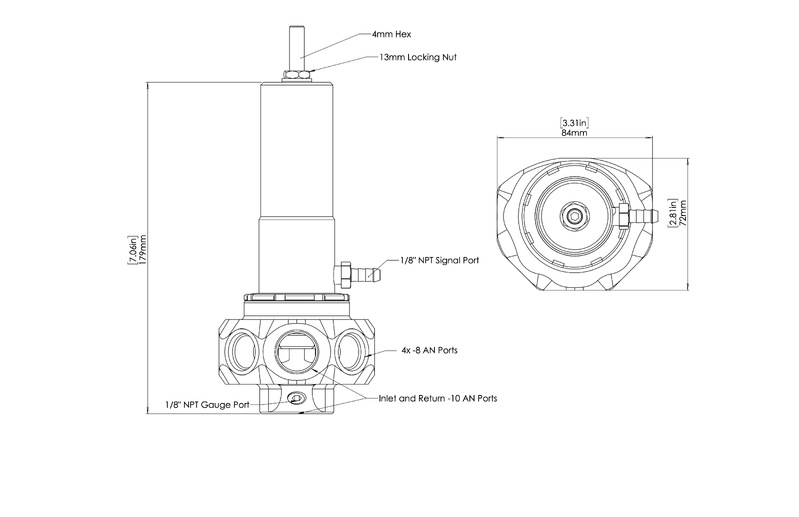 TURBOSMART FPR10 Pro M Mechanical Pump Fuel Pressure Regulator, 5 Port, For -10AN, Black, Each Diagram Image