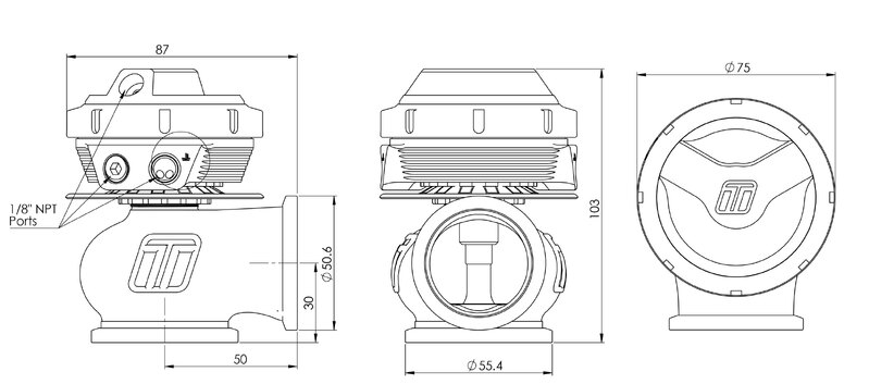 TURBOSMART GenV CompGate40CG ‘Compressed Gas’ External Wastegate, 5PSI, Black, Kit Diagram Image