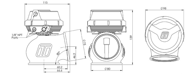 TURBOSMART GenV PowerGate60 External Wastegate, 7PSI, Black, Kit Diagram Image