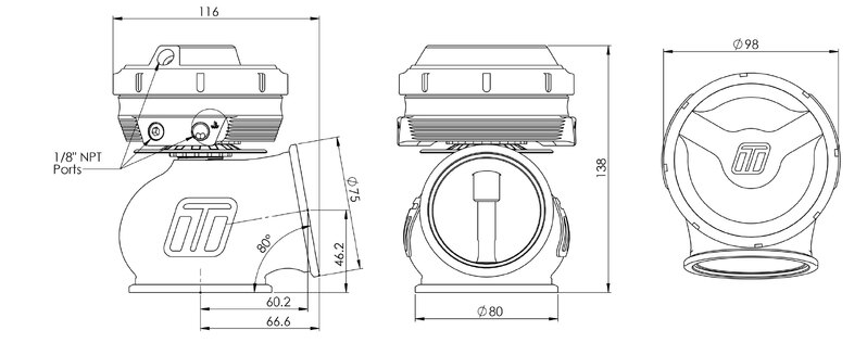 TURBOSMART GenV PowerGate60CG ‘Compressed Gas’ External Wastegate, 5PSI, Black, Kit Diagram Image