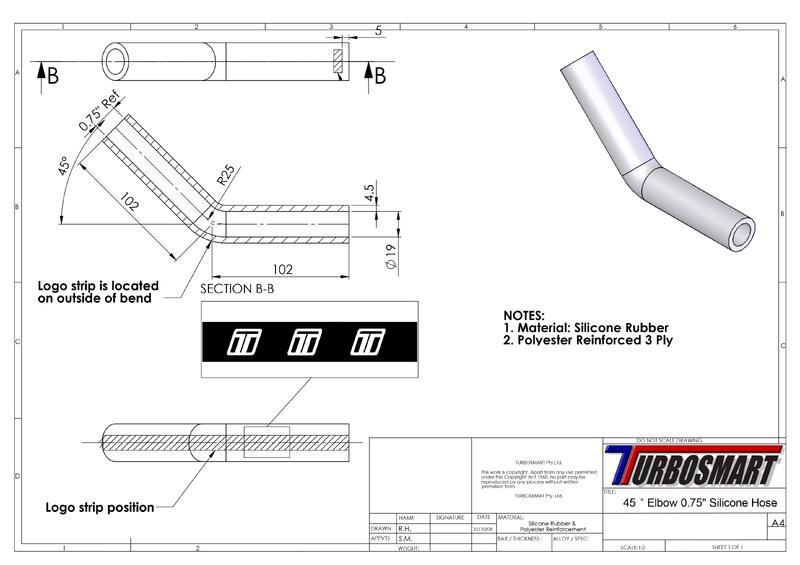 TURBOSMART Silicon Hose, 45 Degree Elbow, 0.75″, Black, Each Diagram Image