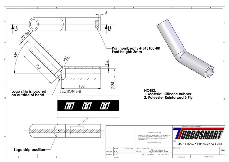 TURBOSMART Silicon Hose, 45 Degree Elbow, 1.00″, Black, Each Diagram Image