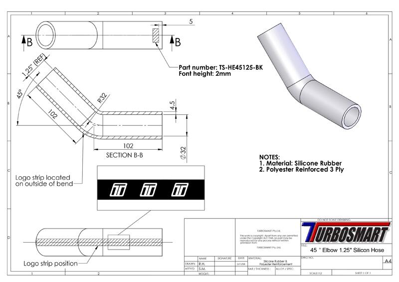 TURBOSMART Silcon Hose, 45 Degree Elbow, 1.25″, Black, Each Diagram Image