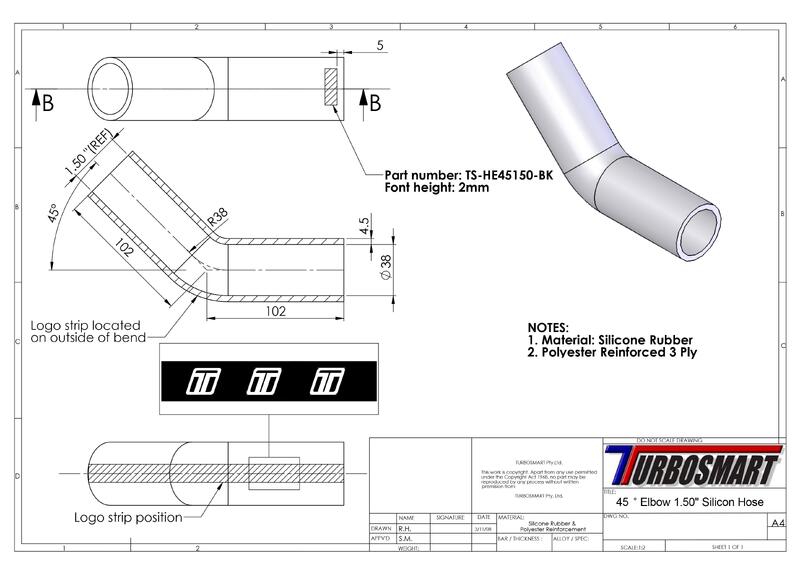 TURBOSMART Silicon Hose, 45 Degree Elbow, 1.50″, Black, Each Diagram Image