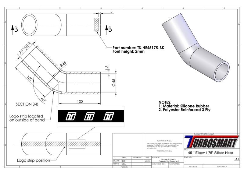 TURBOSMART Silicon Hose, 45 Degree Elbow, 1.75″, Black, Each Diagram Image