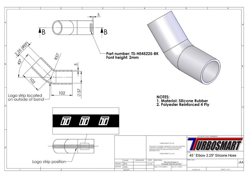 TURBOSMART Silicon Hose, 45 Degree Elbow, 2.25″, Black, Each Diagram Image