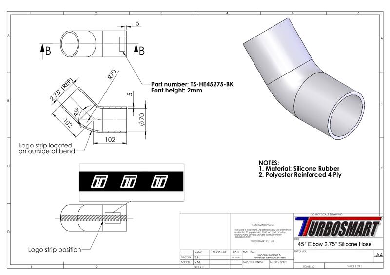 TURBOSMART Silicon Hose, 45 Degree Elbow, 2.75″, Black, Each Diagram Image