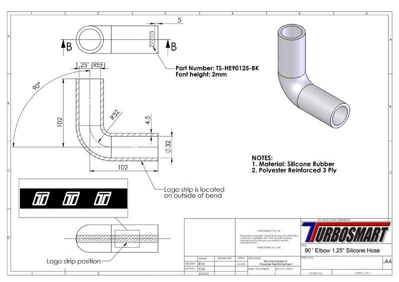 TURBOSMART Silicon Hose, 90 Degree Elbow, 1.25″, Black, Each Diagram Image