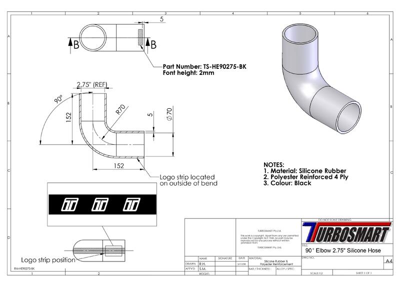 TURBOSMART Silicon Hose, 90 Degree Elbow, 2.75″, Black, Each Diagram Image