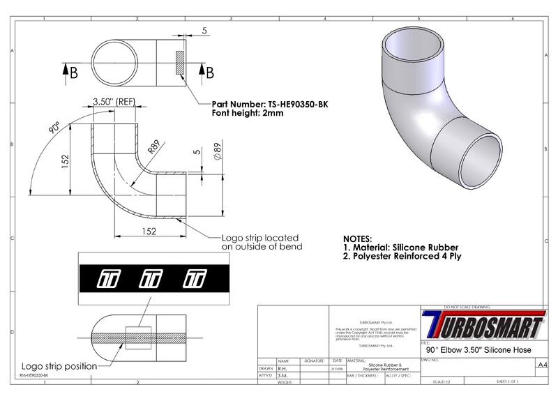 TURBOSMART Silicon Hose, 90 Degree Elbow, 3.50″, Black, Each Diagram Image