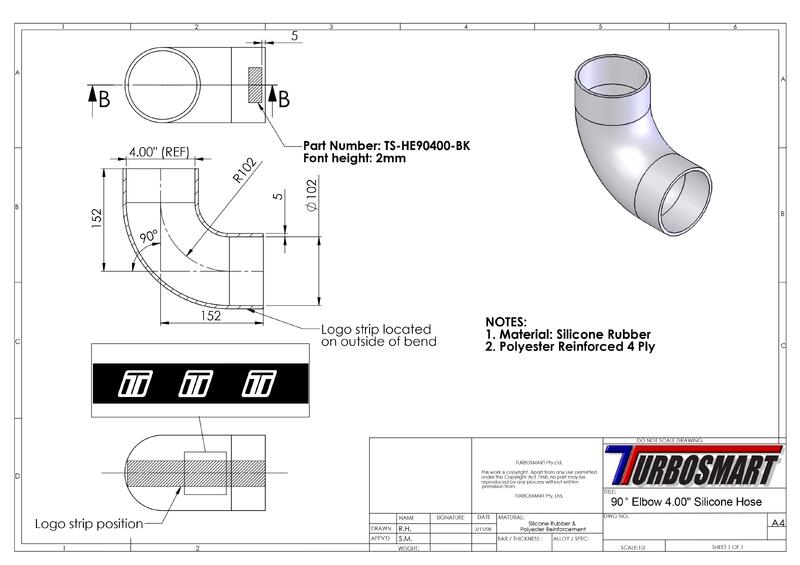 TURBOSMART Silicon Hose, 90 Degree Elbow, 4.00″, Black, Each Diagram Image