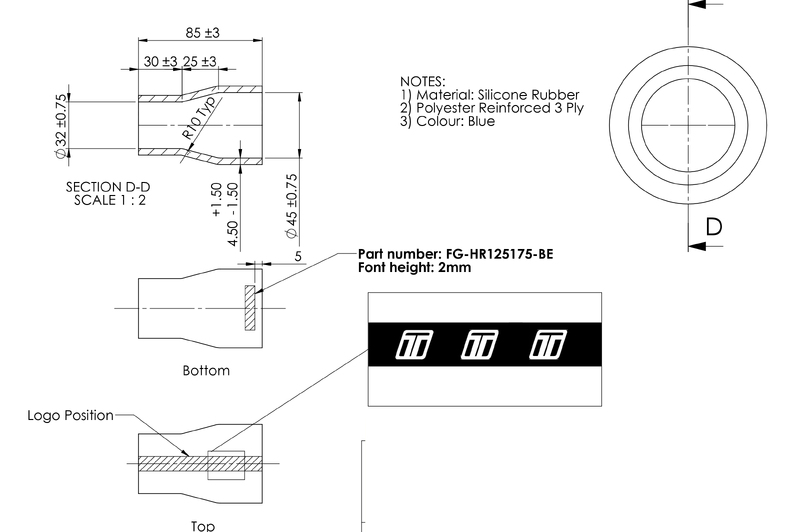 TURBOSMART Silicon Hose Reducer, 1.25 to 1.75″, Black, Each Diagram Image