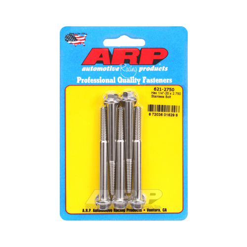 ARP Bolts, Hex Head, Stainless 300, Polished, 1/4 in.-20 RH Thread, 2.750 in. UHL, Set of 5