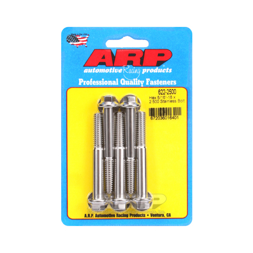 ARP Bolts, Hex Head, Stainless 300, Polished, 5/16 in.-18 RH Thread, 2.500 in. UHL, Set of 5