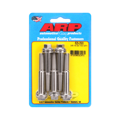 ARP Bolts, Hex Head, Stainless Steel, Polished, 3/8 in.-16 RH Thread, 2.500 in. UHL, Set of 5