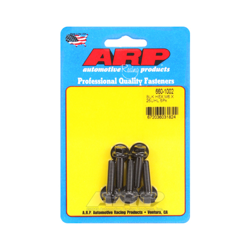 ARP Bolts, Hex Head, Chromoly Steel, Black Oxide, 6mm x 1.0 RH Thread, 25mm UHL, Set of 5
