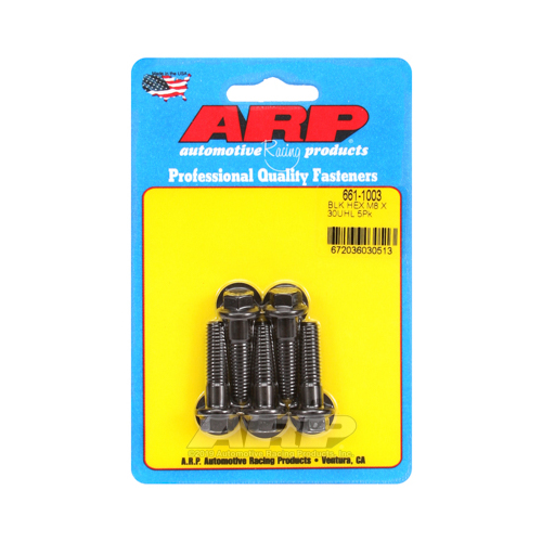 ARP Bolts, Hex Head, Chromoly Steel, Black Oxide, 8mm x 1.25 RH Thread, 30mm UHL, Set of 5