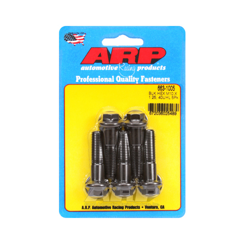 ARP Bolts, Hex Head, Chromoly Steel, Black Oxide, 10mm x 1.25 RH Thread, 40mm UHL, Set of 5