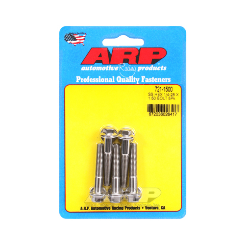 ARP Bolts, Hex Head, Stainless 300, Polished, 1/4 in.-28 RH Thread, 1.500 in. UHL, Set of 5