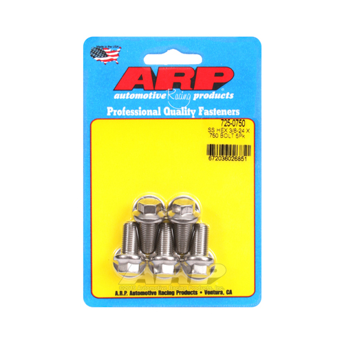 ARP Bolts, Hex Head, Stainless 300, Polished, 3/8 in.-24 RH Thread, 0.750 in. UHL, Set of 5