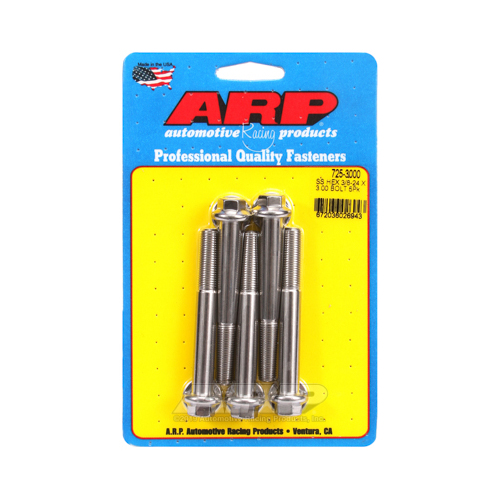 ARP Bolts, Hex Head, Stainless 300, Polished, 3/8 in.-24 RH Thread, 3.000 in. UHL, Set of 5