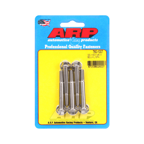 ARP Bolts, Hex Head, Stainless 300, Polished, 6mm x 1.00 RH Thread, 50mm UHL, Set of 5
