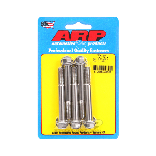 ARP Bolts, Hex Head, Stainless 300, Polished, 8mm x 1.25 RH Thread, 65mm UHL, Set of 5