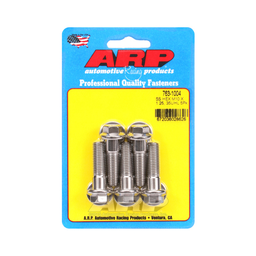 ARP Bolts, Hex Head, Stainless 300, Polished, 10mm x 1.25 RH Thread, 35mm UHL, Set of 5