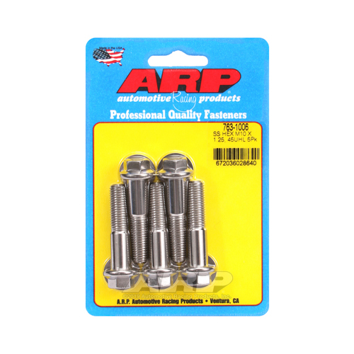 ARP Bolts, Hex Head, Stainless 300, Polished, 10mm x 1.25 RH Thread, 45mm UHL, Set of 5