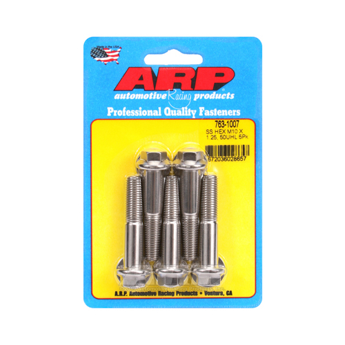 ARP Bolts, Hex Head, Stainless 300, Polished, 10mm x 1.25 RH Thread, 50mm UHL, Set of 5