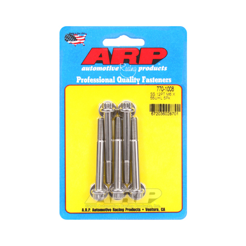 ARP Bolts, 12-Point Head, Stainless 300, Polished, 6mm x 1.00 RH Thread, 55mm UHL, Set of 5
