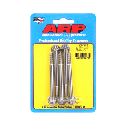 ARP Bolts, 12-Point Head, Stainless 300, Polished, 6mm x 1.00 RH Thread, 70mm UHL, Set of 5