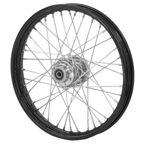 40 SPOKE 21'  X 2.15 FRONT WHEEL BLACK RIM & HUB , CHROME SPOKES 3/4 BEARINGS