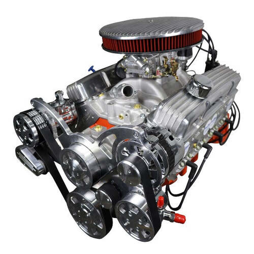 BluePrint Engines Crate Engine, For GM Chevrolet Small-Block, 327ci, 350 HP, Deluxe Dressed with Polished Pulley Kit, Carbureted, Each