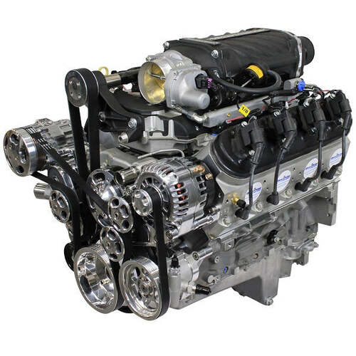 BluePrint Engines Crate Engine, For GM LS, 427ci, ProSeries, 800 HP, Deluxe Dressed with Polished Pulley Kit, Supercharged, Each