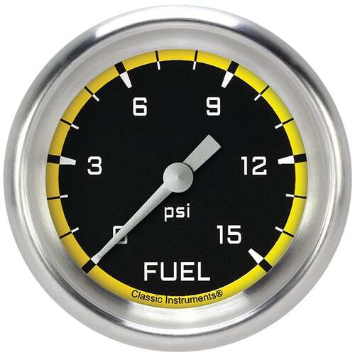 Classic Instruments Gauge, Fuel Pressure, Full Sweep 2 5/8" Diameter, Yellow, Aluminium