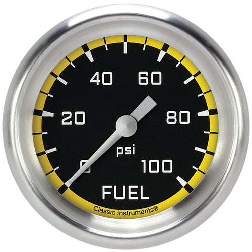 Classic Instruments Gauge, Fuel Pressure, Full Sweep 2 5/8" Diameter, Yellow, Aluminium