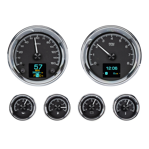 Dakota Digital Gauges, HDX Series, Analog/Digital, Speedometer Tach, Oil Pressure, Fuel Level, Volts, Clock, Black, Chrome Bezel, Universal 6, Kit