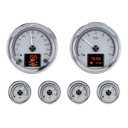 Dakota Digital Gauges, HDX Series, Analog/Digital, Speedometer Tach, Oil Pressure, Fuel Level, Volts, Clock, Silver, Chrome Bezel, Universal 6, Kit