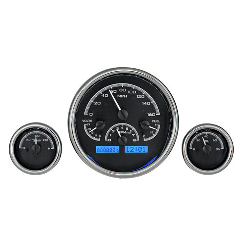 Dakota Digital Gauge, MDX System, Triple Round Universal, Black Alloy Style Face, Blue Display, Custom