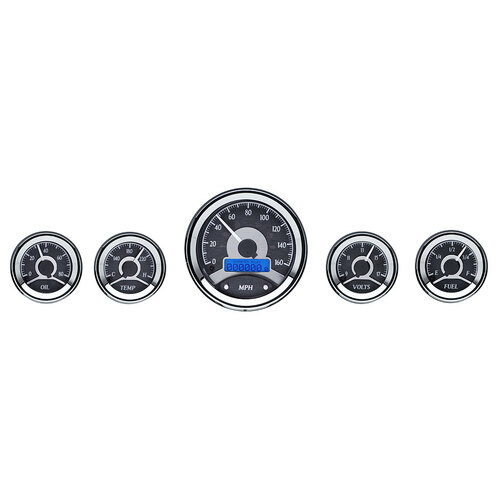 Dakota Digital Gauge, MDX System, 5-Piece Round Universal, Black Alloy Style Face, Blue Display, Custom