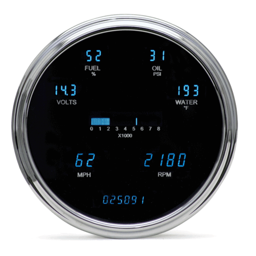 Dakota Digital Gauge Panel, Series III, Teal Display, Chrome Bezels, Universal Single 6.75 in., Round, Kit