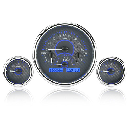 Dakota Digital Gauge Kit, Universal, Triple Round, Analog VHX System, Carbon Fiber Background, Alloy Style Face, Blue Display