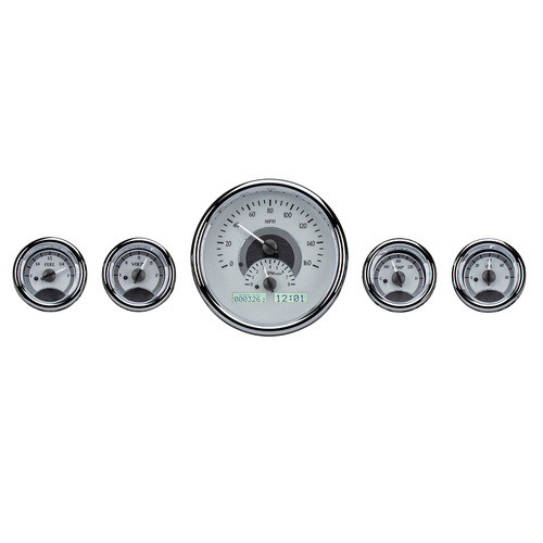 Dakota Digital Gauge Kit, Universal, Five Gauge Round, Analog VHX System, Silver Background, Alloy Style Face, White Display