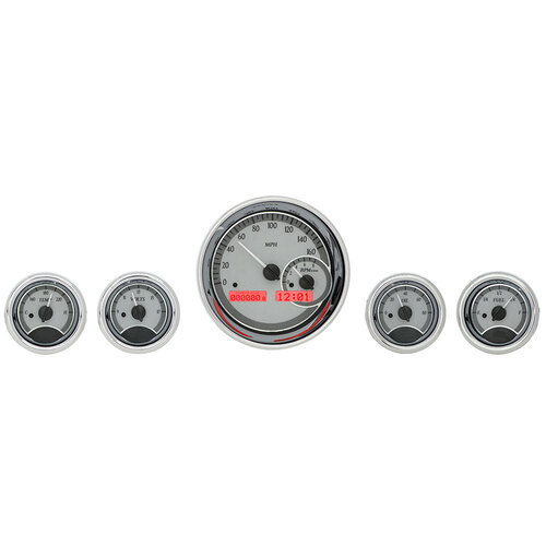 Dakota Digital Gauge Kit, Universal, Five Gauge, Round, Analog, Silver Background, Alloy Style Face, Red Display